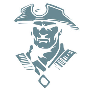 Colonial soldier illustration with hat and sash.