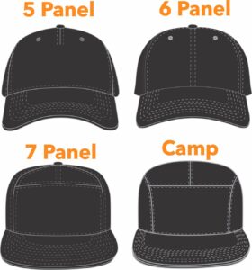Different styles of black baseball caps.