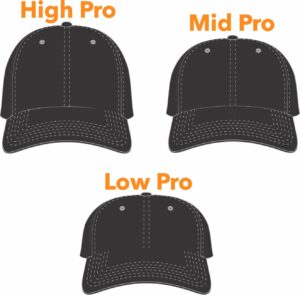 Three styles of black baseball caps illustrated.