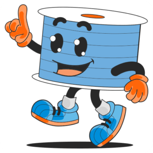 Happy cartoon spool character dancing joyfully.