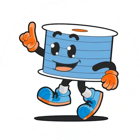 Happy cartoon spool character dancing joyfully.